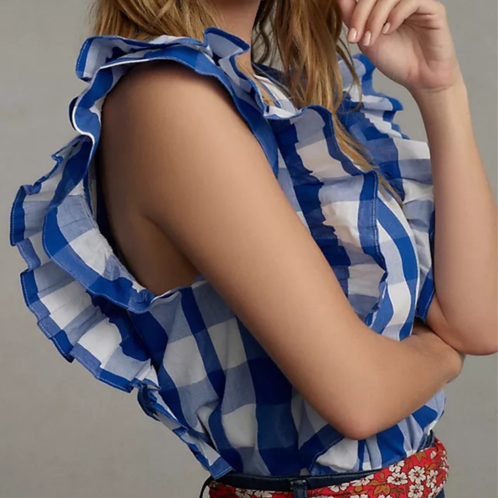 NWT Whit Two Cascade Ruffled Blouse White Blue Gingham Check Plaid XS - Picture 2 of 3